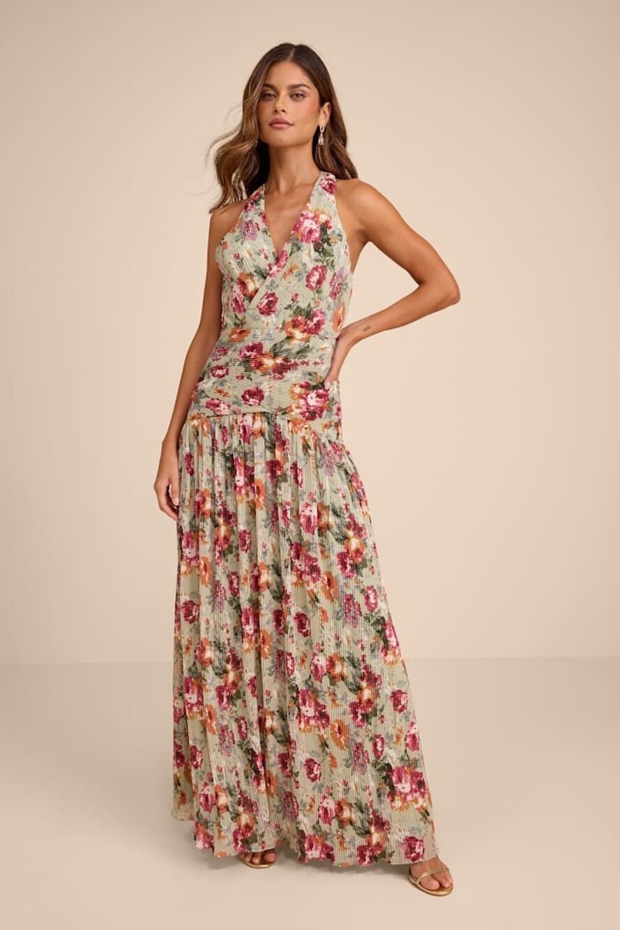 NWT Lulus Sylvanna Sage Floral Halter Drop Waist Maxi Dress Size M